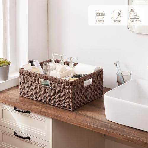 OIAHOMY Wicker Storage Basket, Rectangular Paper Rope Shelf Baskets with Built-in Handles, Woven Decorative Organizer for Pantry, Shelves, Living Room and Bathroom, 1-Pack Brown - color: Brown