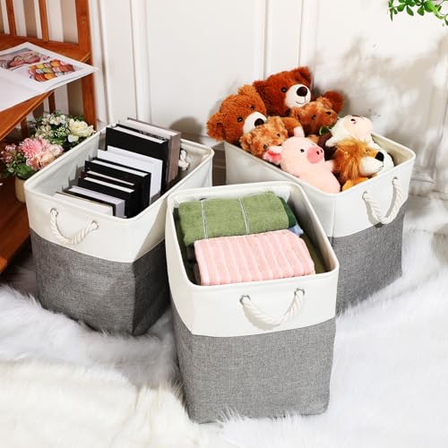 meekoo 8 Pack Collapsible Storage Bins Fabric Storage Bins Polyester Fabric Baskets with Handles Linen Closet Organizer for Shelf Home Closet Towels Toys(17 x 12 x 15 in,Gray White) - color: Gray White, size: 17 x 12 x 15 In