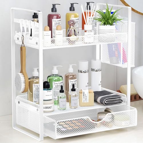 VITVITI 2 Tier Bathroom Organizer Countertop with Drawer, Metal Mesh Bathroom Counter Vanity Organizer Storage, Bath Room Shelf Sink Kitchen Spice Rack with Basket Hooks, White - color: White