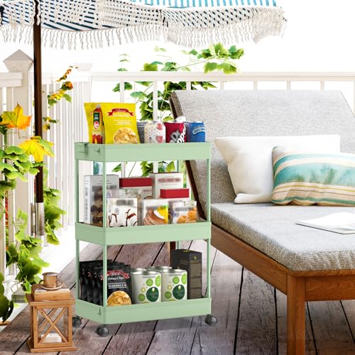 SPACEKEEPER Green 3-Tier Rolling Storage Cart, Bathroom & Kitchen Organizer, Modern Plastic Frame, Adjustable Shelves - color: Green, size: 3 Tier