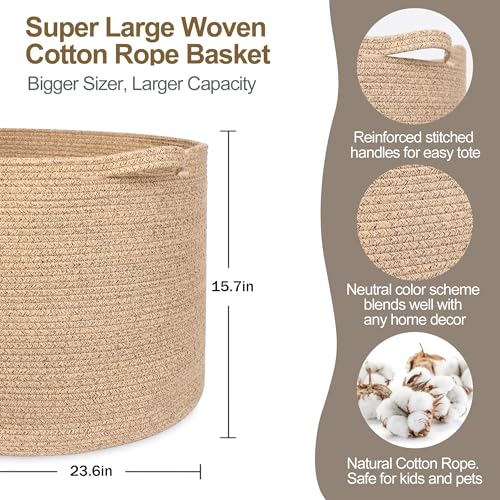 MEGASKET 115L Wicker Storage Basket, 23.6"x15.7" Woven Cotton Rope Basket, Giant Kids Dog Toy Bin Organizer, XXXL Blanket Pillow Holder for Living Room, Brown Variegated Wicker Baskets for Organizing - color: Brown Variegated, size: 23.6"x23.6"x15.7"