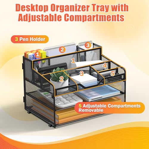 Docnest 3 Tier Mesh Desk Organizer for Paper Office Supplies – Multi-Functional Letter Tray with 5 Adjustable Compartments, 3 Pen Holders, Desktop Storage for Files, Mail, Stationery – Black - color: Black, size: 12.7" x 9.1" x 8.6"