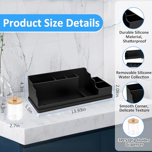 Bathroom Counter Organizer, Black Silicone Toothbrush Holders for Bathrooms Organizer Countertop with 3PCS Qtip Holder, Toothbrush and Toothpaste Holder for Bathroom Organization Storage Vanity - color: Black With 3pcs Dispenser