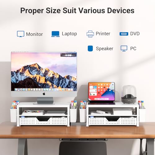 Wood Metal Monitor Stand Riser, Laptop Stand for Desk, Office Desk Organizer and Accessories, Computer Desktop Shelf with Drawer and Pen Holder, Printer Stand for Home, Office, Dorm (White Wood) - color: White Wood