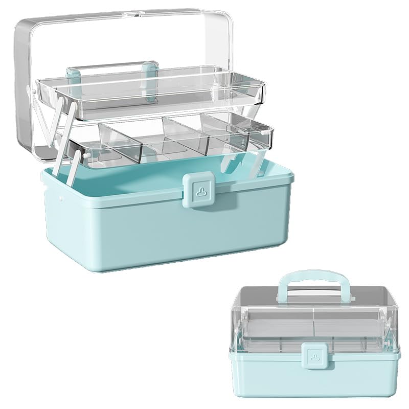 12.9in Three-Layer Multipurpose Storage Box with Handle Portable Tackle Box Folding Art & Craft Case Sewing Supplies Organizer for Makeup, Medicine, Nail, Hair Accessories(Blue) - color: Blue