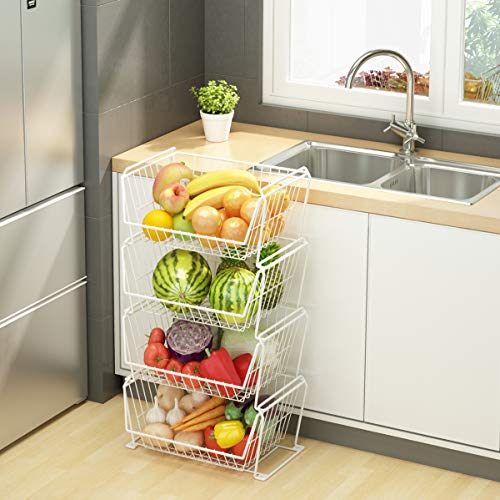 PUSDON 4-Tier Large Stackable Wire Storage Baskets with Wheels, Metal Rolling Utility Cart Organizer, Produce Basket for Kitchen Pantry, Floor Shelf, Classic White - color: White, size: 4 Tier Plus