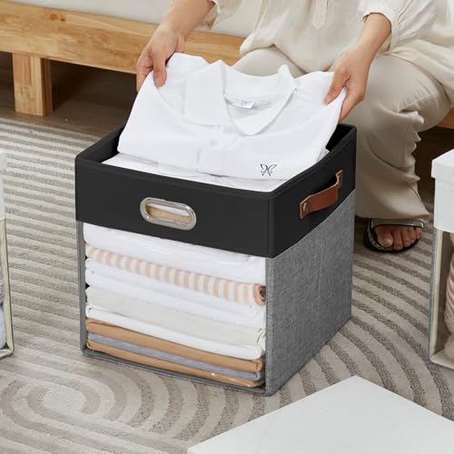 Ultra Thick Fabric Storage Cubes with Lids & Windows, 11-Inch Foldable Closet Storage Bins with 3 Handles, Home Decorative Boxes for Bedroom, Living Room, Dorm, Office (Black & Gray) - color: Black&Gray, size: 11"L x 11"W x 11"H