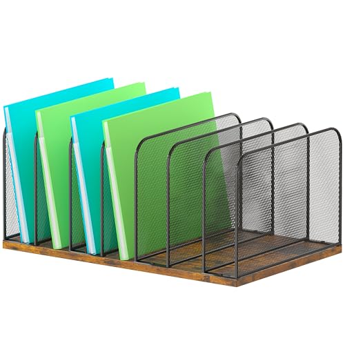 Piskyet Wooden Desk File Organizer, 7-Section Vertical File Folder Holder Stand,Metal Mail Paper Chromebook Organizer for Teacher Desk Office Classroom Desktop Organization - size: 7-Section
