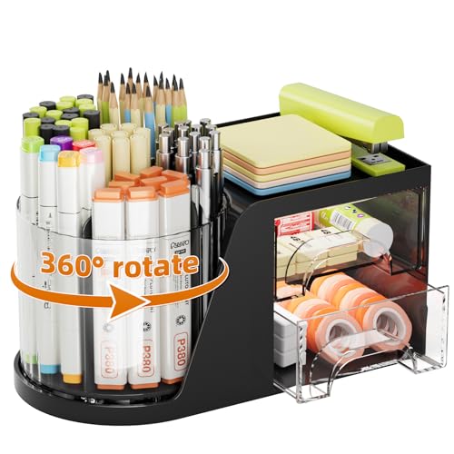 Marbrasse Desk Organizer with 2 Drawer, 360°Rotating Pen Holder, Desk Organizers and Accessories with 6 Slots Pencil Holder + 2 Drawer, Art Supply Storage Box Caddy for Office (Black) - color: Black