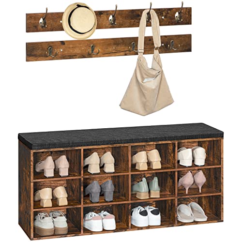 HOOBRO Shoe Storage Bench with Cushion, 39.4" L Entryway Bench with 12 Cubbies, Entryway Hall Tree with Storage, Shoe Cabinet with Coat Rack for Bedroom, Hallway, Holds up to 330 lb, BF112HX01G1 - color: Rustic Brown + Black