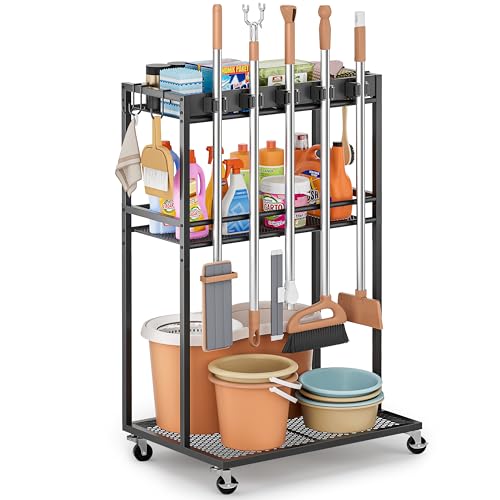Broom Holder with Cleaning Supplies Organizer, Broom Closet Storage Cabinet with Mop Hanger Gripper Rack Hooks, Cleaning Housekeeping Janitorial Cart with Cleaning Caddy, Laundry Room Organization
