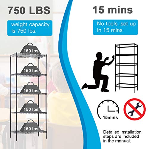 BestOffice | 5-Tier Wire Storage Shelves | 14x24x60 | Black| Heavy-Duty Metal Shelf, Holds Upto 750 lbs | No-Tool Assembly | Ideal for Home & Garage Shelving - color: Black, size: 14"D x 24"W x 60"H