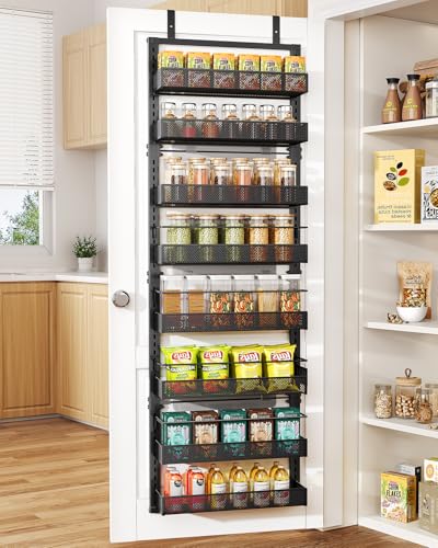 SNTD 8 Tiers Over the Door Organizer - Height Adjustable Pantry Organizers and Storage with Dense Mesh Baskets, Anti-Swing Hanging Door Spice Rack for Kitchen Bathroom (Black, 17" W x 6" D x 69" H) - color: Black, size: 17"W x 6"D x 69"H