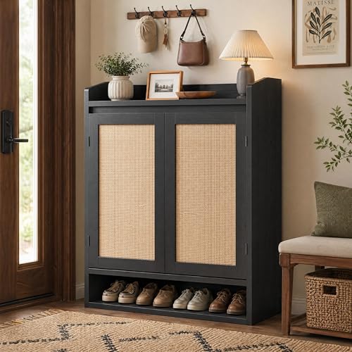 GarveeHome Modern Rattan Shoe Cabinet for Entryway, Wooden Shoe Storage Organizer with Adjustable Shelves, Closed Dustproof Shoe Rack for Hallway, Bedroom, Living Room, Black - color: Black