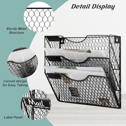 EASEPRES Mail Organizer Wall Mount Hanging File Holder Storage, Metal Chicken Wire Magazine Rack 3 Tier, Black - color: Black, size: 3 Tier