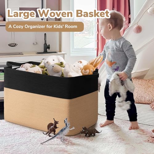 Goodpick 105L Extra Large Woven Blanket Basket Cotton Rope Storage Baskets for Organizing, Kids Toy Storage Organizer for Living Room Nursery, 25"x16"x16", Black & Jute - color: Black Camel, size: XX-Large(25"L x 16"W x 16"H)