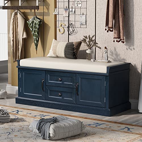 P PURLOVE Wood Entryway Storage Bench with 2 Cabinets and 2 Drawers, Wood Shoe Bench Storage Bench with Removable Cushion for BeadRoom,Hallway, Entryway,Assemble Required - color: Antique Navy, size: with 2 Drawers and 2 Cabinets