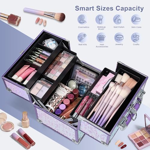 FRENESSA Makeup Case Organizer Makeup Box Cosmetic Train Case Portable Make Up Artist Travel Case Storage Box 4 Trays with Dividers Lockable Hard Train Case Nail Tech Supply Storage Shiny Purple - color: Shiny Purple