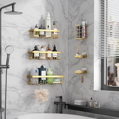 Veken Adhesive Shower Caddy 6-Pack,Gifts for Women Mom,Heavy Weight Bearing,Large Wall Mounted Bathroom Shelves Rack,Organizer Storage Accessories with Soap Dish&Toothbrush Holder,Bright Gold - color: F. Bright Gold