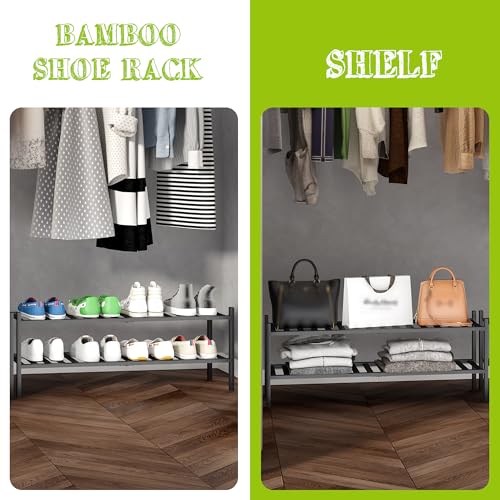 BMOSU 2-Tier Bamboo Extended Shoe Rack Premium Stackable Shoe Shelf Storage Organizer for Hallway Closet Living Room Entryway Organizer (Black Bamboo) - color: Black Bamboo, size: 2-Tier Long（33.3*11*12.6inches）