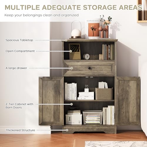 Floor Cabinet, Farmhouse Storage Cabinet with Barn Doors and Drawer, Freestanding Adjustable Shelf Organizer for Bathroom, Kitchen, Living Room Grey - color: Grey, size: 39.4"H x 23.6"W x 11.8"D