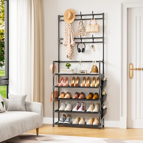 OYREL Shoe Rack 5 Tier Shoe Organizer Storage 15-20 Pairs Shoes Rack for Closet Entrance Shoe Rack Organizer with Hooks and Side Pocket Entryway Shoe Holder Space Saving Free Standing Shoe Racks - color: Black, size: 5 Tier (23.6"Wx 61.4"H)