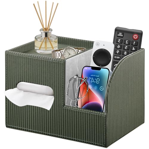 Modern PU Leather Cube Tissue Box Cover with Storage Tray, Multifunctional Remote Control Holder & Facial Tissue Dispenser Organizer for Nightstand, Bathroom, Bedroom, Office & Home Decor - color: Green