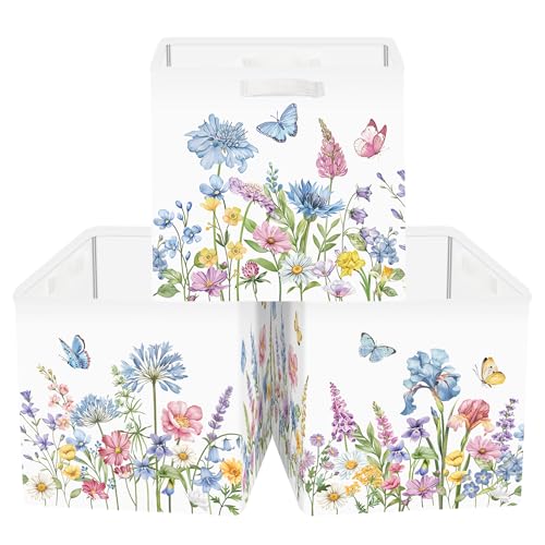 Clastyle Flowers Storage Cube Organizer Set Handle Closet Clothes Cube with Metal Frame Foldable Parents Organizer Storage Basket for Book Toy,Blue Flowers,11.8x11.8x11.8 in - color: Blue Flowers