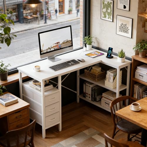 Alpen L Shaped Gaming Desk with Power Outlets, 47 Inch Computer Desk with 3 Drawers and Shelves, Corner Desk for Gaming, Study Writing PC Table with Storage and Reversible Shelf, White - color: White, size: 47 Inches
