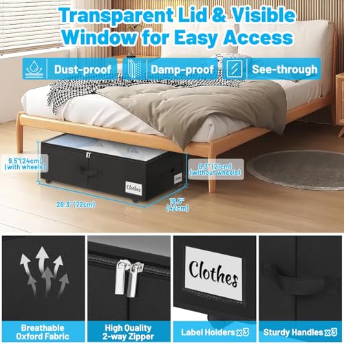 Under Bed Storage with Wheels, 2-Pack 10" Height XXL 60L Rolling Storage Bins, Quick Assembly Underbed Shoe Storage Containers with Clear Lid & Label, Dorm Under Bed Drawers for Clothes, Shoes, Grey - color: Black-2 Pack, size: 9.5 Inch Tall - Clear Lid