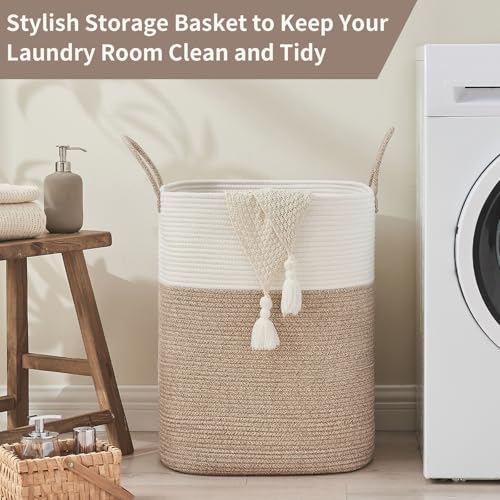 AINUOQI Laundry Basket with Handles - Blanket Basket & Hampers for Bedroom Aesthetic, Laundry Hamper & Blanket Storage for Living Room, Clothes Hamper, Tall, Large 17" x 14" x 26”, White & Rice Brown - color: White & Rice Brown, size: 85L