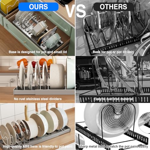 Mustorn 2 Pack Pots and Pans Organizer Under Cabinet, 22" Expandable Food Storage Container Lid Organizers with 9 Adjustable Dividers Pot and Pan Lid Holders Rack Inside Cabinet/Countertop(Gray) - color: Gray(Expandable), size: 2 Pack