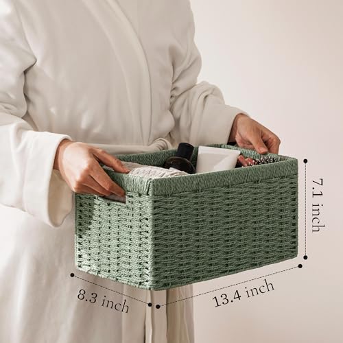 UBBCARE 2 Pack Wicker Basket, 13.4L×8.3H×7.1W inch Woven Paper Rope Storage Baskets for shelves, Foldable Rectangular Storage Baskets with Handle, Storage Basket for Organizing, Green - color: Green, size: 2pack Medium