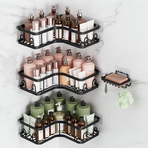 Veken Corner Adhesive Shower Caddy 4-Pack with Soap Holder&Hooks,No Drilling Shower Shelves,Rustproof & Waterproof Bathroom Organizers and Storage,Rack for Small Spaces, Kitchen&Rental-Friendly,Black - color: Black, size: 4-Piece Set(3 Large+1 Small)