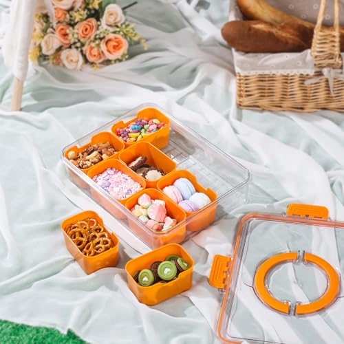 WACOI Divided Snack Serving Tray with Lid and Handle Travel Snackle Charcuterie Container Portable Storage Organizer for Candy, Fruits, Nuts, Snacks, Party, Picnic (1pack, Orange) - color: Orange