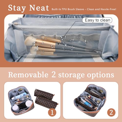 BOYATU Travel Makeup Bag Cosmetic Bags for Women: 3 Pcs Set Large Portable Make up Bag with Handle - Vegan Leather Toiletry Bags with Compartments - Makeup Organizer for Travel Essentials(A-1-Coffee) - color: A-1-Coffee
