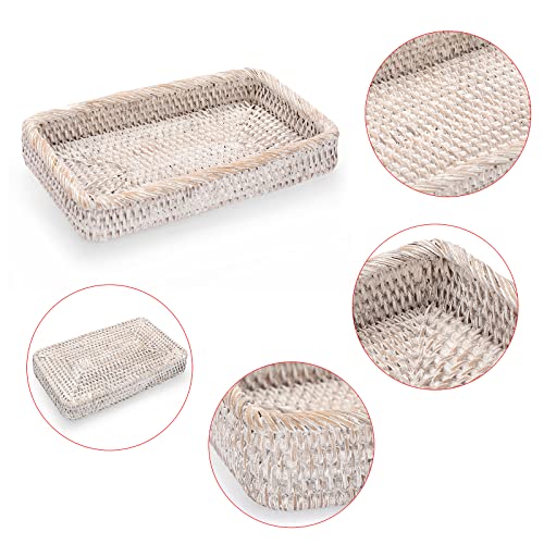Sumnacon 10 Inch Rattan Bathroom Vanity Tray - Decorative Wicker Toilet Tank Tray for Paper Hand Towel, Vintage Storage Basket Bin for Bathroom Kitchen Toilet Tank Vanity Countertop Table Shelf White - color: White, size: 10" x 6.1" x 1.8"