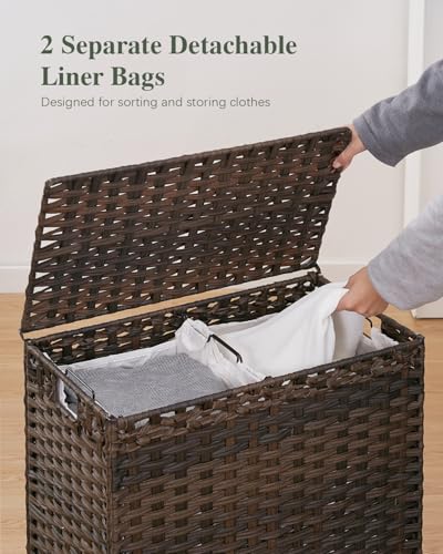 SETVSON Laundry Hamper with Lid, 112 L Handwoven Rattan Wicker Laundry Basket, 2 Removable Liner Bags Metal Heightened Feet, 6 Mesh Bags, 2 Section Large Clothes Hamper for Bathroom Bedroom, Brown - color: Brown, size: 112 L - 29.6 gal