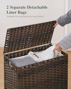 SETVSON Laundry Hamper with Lid, 112 L Handwoven Rattan Wicker Laundry Basket, 2 Removable Liner Bags Metal Heightened Feet, 6 Mesh Bags, 2 Section Large Clothes Hamper for Bathroom Bedroom, Brown - color: Brown, size: 112 L - 29.6 gal