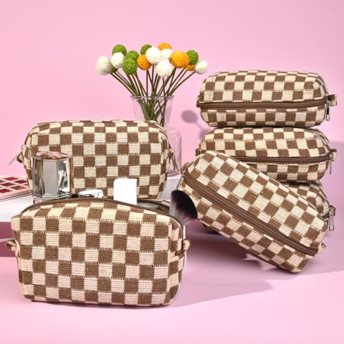 SOIDRAM Checkered Makeup Bag Preppy Cosmetic Bag Bulk Brown Makeup Pouch Personalize Travel Toiletry Bag Organizer Cute DIY Makeup Brushes Storage Bag for Women - color: Brown, size: 6 Pack