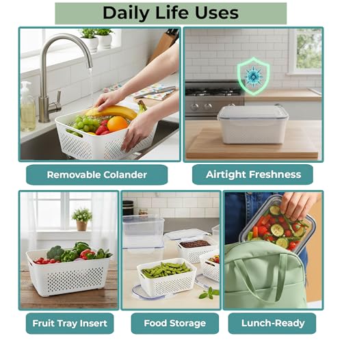 5 Pack Large Fruit Storage Containers for Fridge with Removable Colander-Plastic Food Storage Containers with Lids Airtight-Leak Proof Refrigerator Organizers and Storage of Vegetable -Produce Storage - color: 5Pack-Fruit-Containers