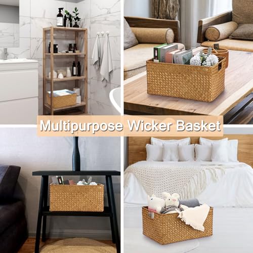 Hipiwe Seagrass Storage Baskets Bin for Shelf Handwoven Wicker Baskets Built-in Handles Rectangular Closet Bedroom Organizer Box Multipurpose Woven Basket Bins,14.6"x 10.6"x 7.1" - color: Caramel, size: Large,14.6"x10.6"x7"