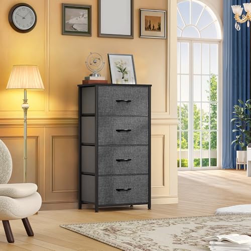 DWVO Storage Tower with 4 Drawers - Fabric Dresser, Organizer Unit for Bedroom, Living Room, Closets - Sturdy Steel Frame, Easy Pull Fabric Bins & Wooden Top - color: B - Black Grey Fabric, style: 4-Drawer