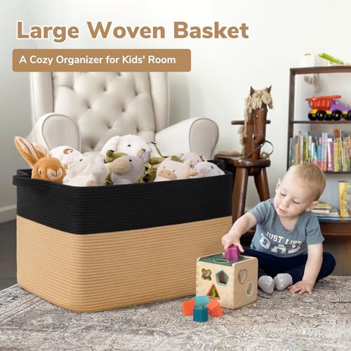 Goodpick Large Woven Blanket Basket 23.6" x 15.7" x 13.8" Cotton Rope Storage Organizer for Dirty Clothes Pillows, Wicker Storage Basket for Living Room Bedroom, Black & Jute - color: Black Camel, size: X-Large(23.6"L x 15.7"W x 13.8"H)