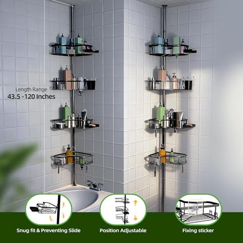 Corner Shower Caddy Tension Pole, 4 Tier Rust-Resistant Adjustable Bathroom Organizer Shelves, Bathtub Storage Rack with Soap Holder, No-Drill Install, Floor to Ceiling Rod 47-121 Inch, Black - color: Black