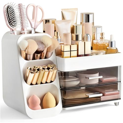 HBlife Makeup Organizer with Brush Holder for Vanity, Large Plastic Bathroom Countertop Organizer Skin Care Storage, Easy to Store Lipsticks, Nail Polishes, Perfumes, Eyeshadow Palettes, White - color: White, size: Large