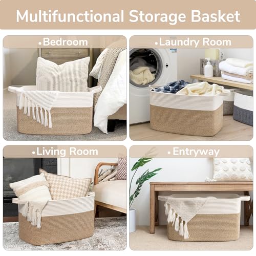 Goodpick Large Woven Blanket Basket, 21.6" x 14.9" x 11.8" Storage Baskets for Organizing, Rectangle Cotton Rope Toy Basket for Living Room, Bedroom, White & Brown - color: White & Light Brown, size: Large(21.6"L x 14.9"W x 11.8"H)