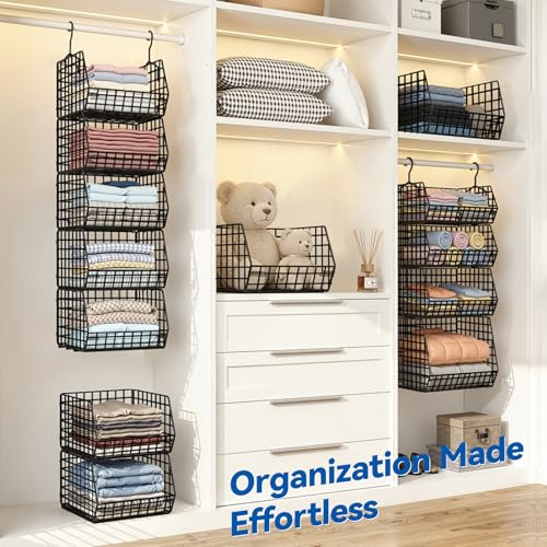 5 Tier Metal Hanging Closet Organizer with 2 Extra Tall Storage Baskets & 3 Standard Wire Baskets, Heavy Duty Foldable Closet Organizer with Protective Liners for Sweaters, Jeans, Handbags, Tower