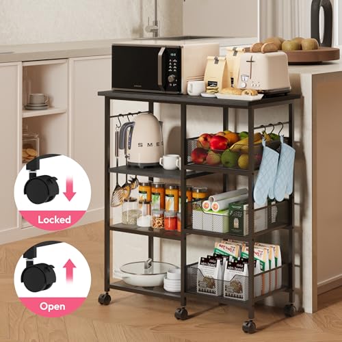 SWTYMIKI Kitchen Island Cart on Wheels - 28.35x14.57in Rolling Kitchen Table Cart with Storage Shelves, 6 Removable Hooks& Locking Casters, Coffee Bar Cabinet for Dining Room Pantry Office, Black - size: 28x14.57in, style: Black