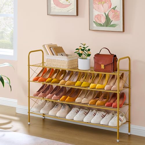 Hoctieon 4 Tier Mesh Style Shoe Rack, Entryway Shoe Shelf, Shoe Storage Organizer, Shoe Rack for Closet, Space Save for Bathroom, Garage, Hallway, Bedroom, Living Room, Gold - color: Gold, size: 4 Tier